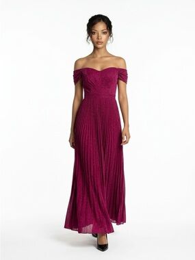Off-Shoulder Pleated Gown in Deep Berry